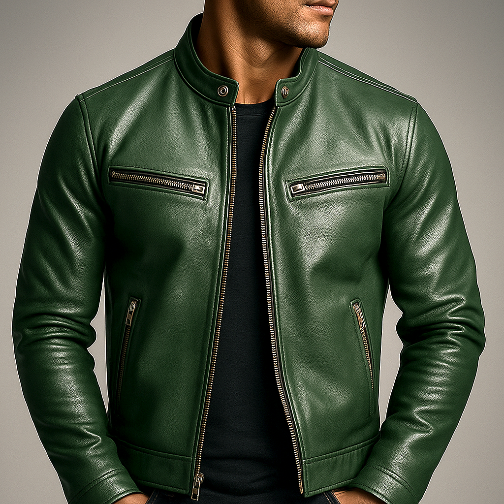 Chaqueta clásica de piel sintética con cremallera para hombre