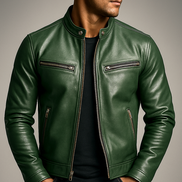 Chaqueta clásica de piel sintética con cremallera para hombre