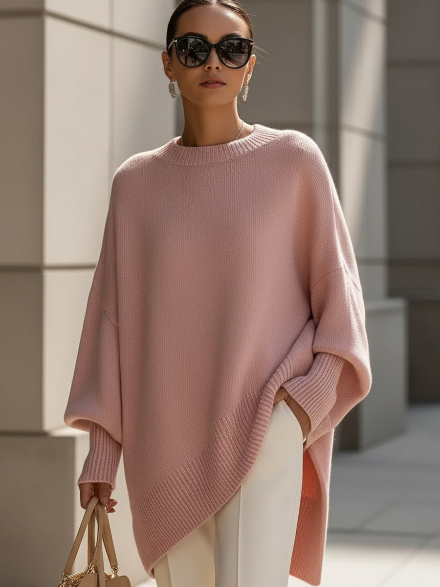 Women's Wool Draped Knit Jumper with a High Split – Pink