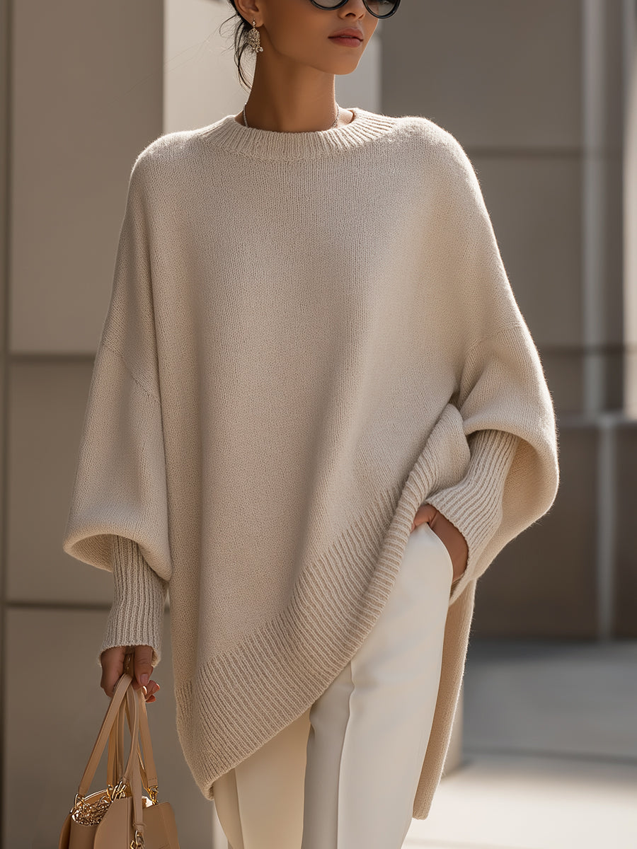 Women's Wool Draped Knit Jumper with a High Split – Beige