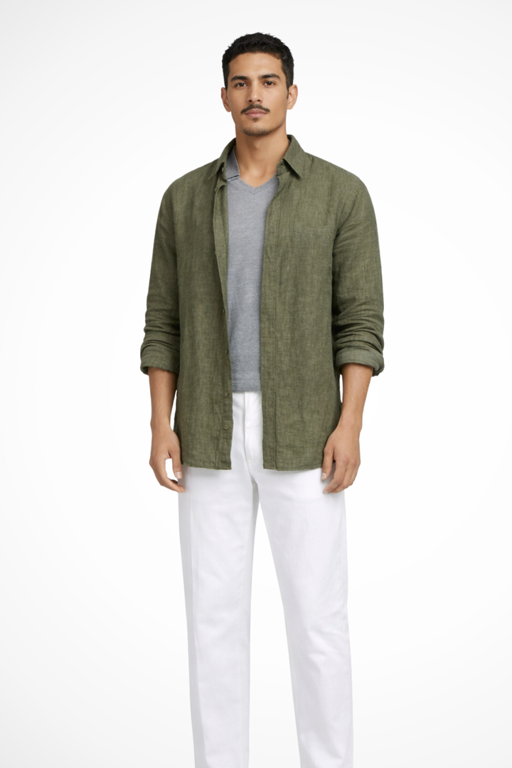 Camisa de lino de manga larga con botones y corte relajado para hombre