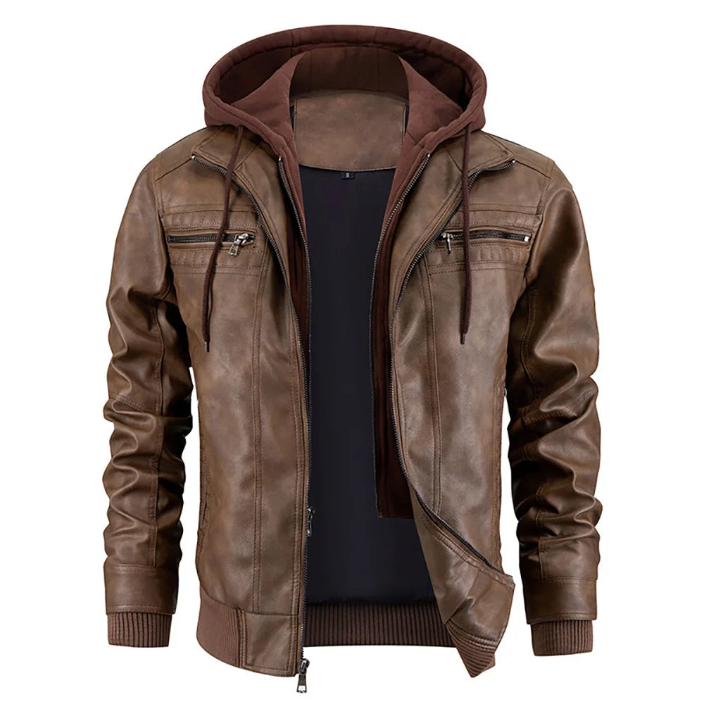 Abrigo de invierno masculino con efecto de cuero y capucha