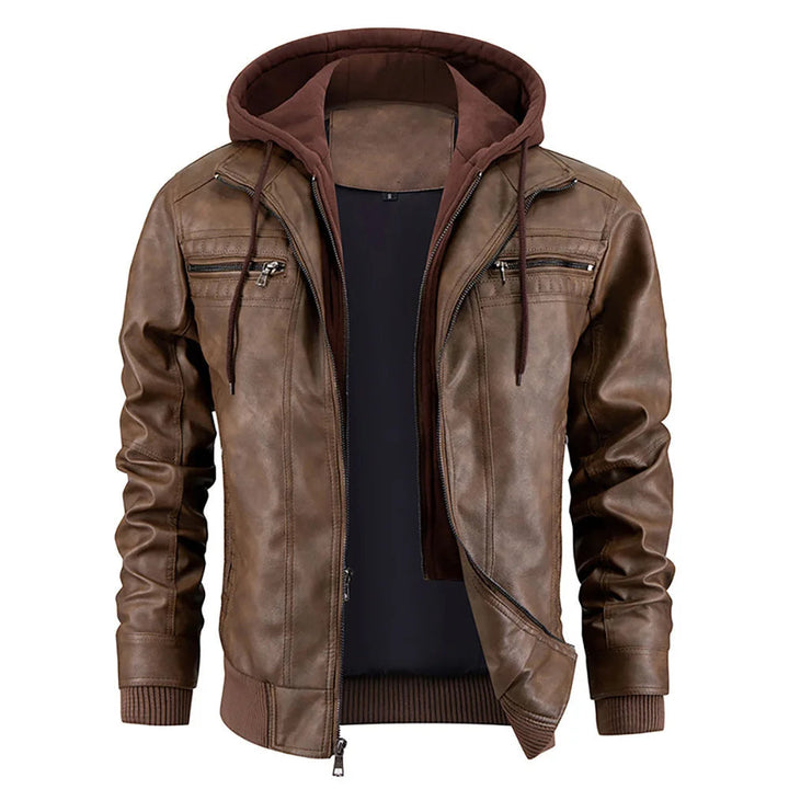 Abrigo de invierno masculino con efecto de cuero y capucha