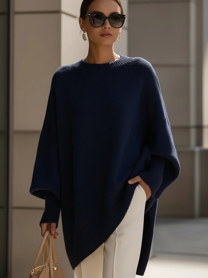 Women's Wool Draped Knit Jumper with a High Split – Navy