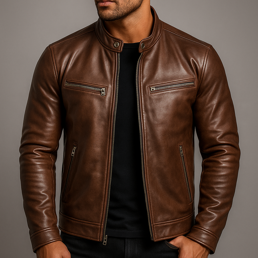 Chaqueta clásica de piel sintética con cremallera para hombre