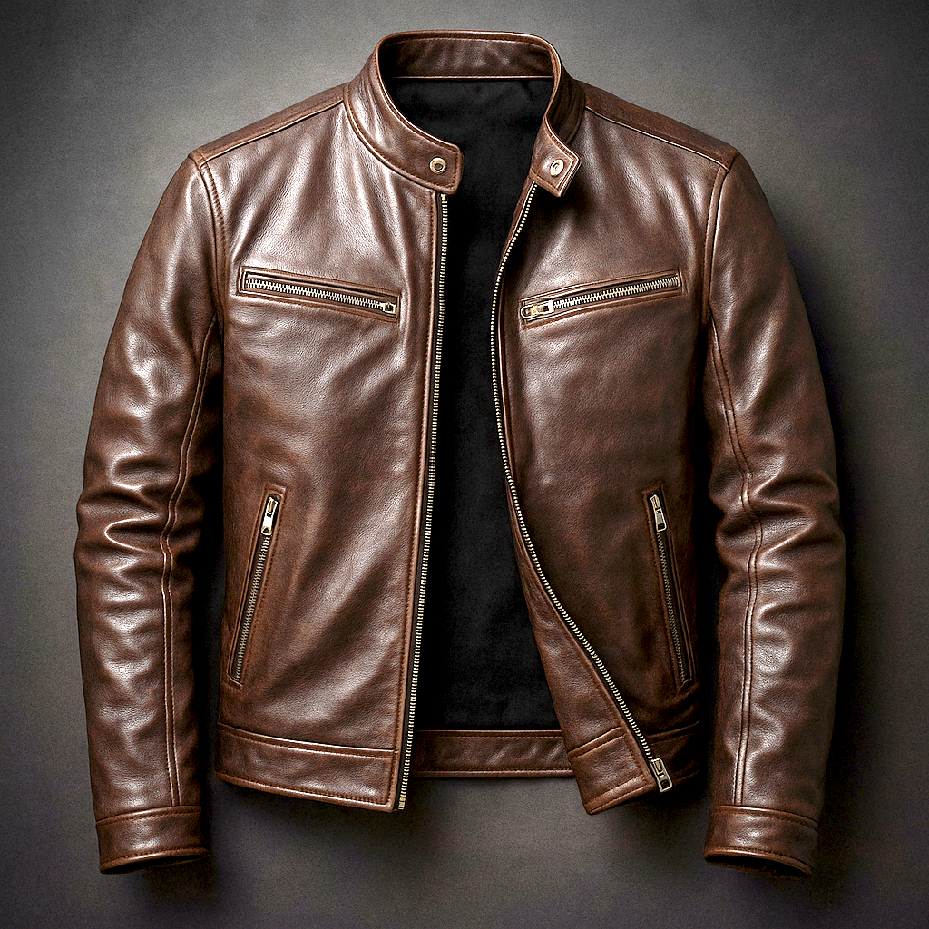 Chaqueta clásica de piel sintética con cremallera para hombre