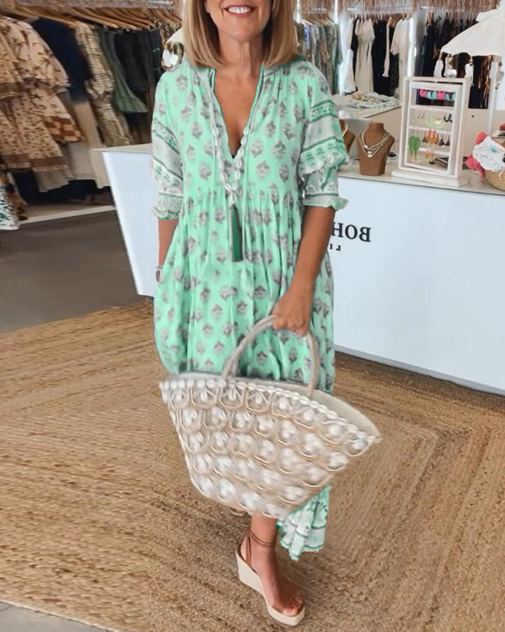 Emma - Women's Printed V-Neck Half-Sleeve Dress