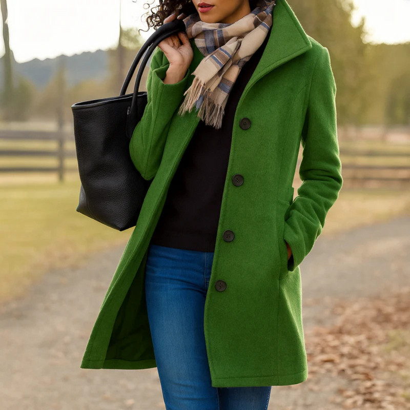 Women's Longline Wool Coat with Tailored Collar – Dark Green