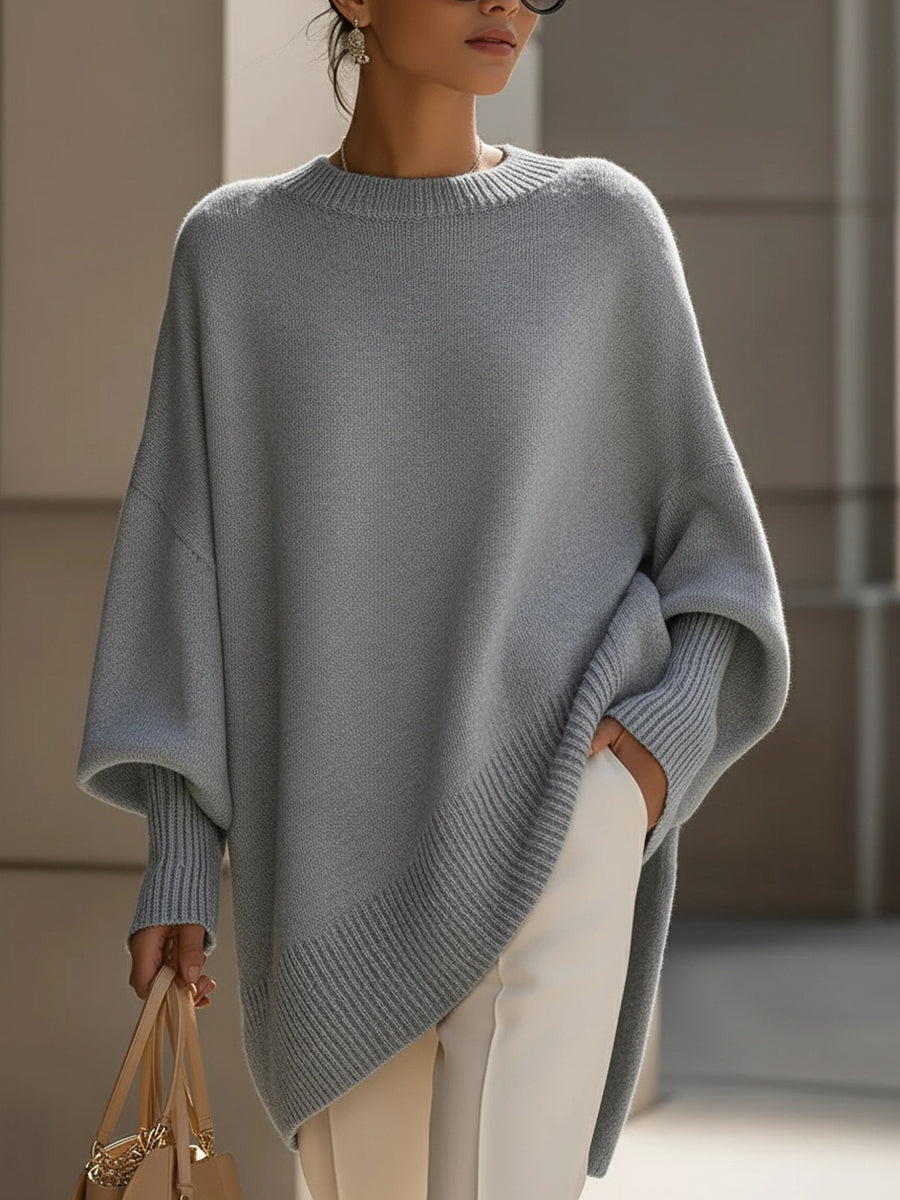 Women's Wool Draped Knit Jumper with a High Split – Grey