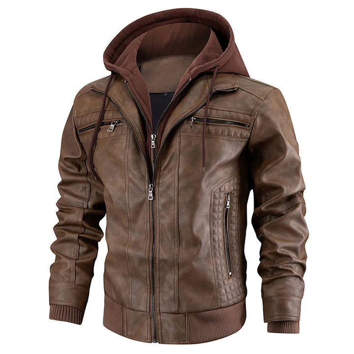 Abrigo de invierno masculino con efecto de cuero y capucha