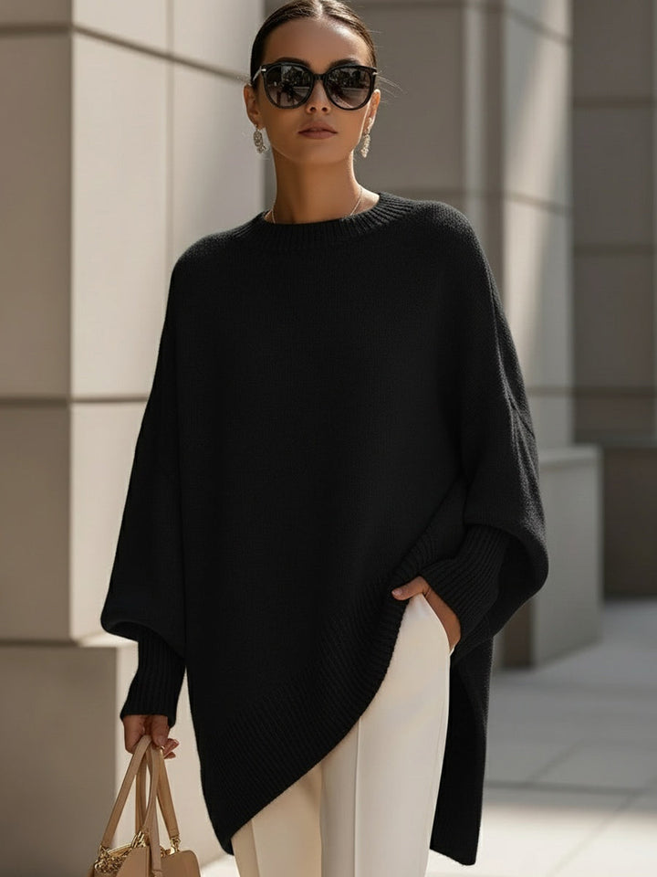Women's Wool Draped Knit Jumper with a High Split – Black