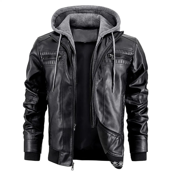 Abrigo de invierno masculino con efecto de cuero y capucha