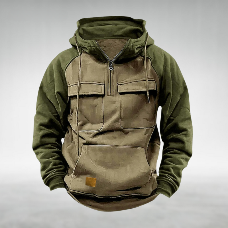 Felpa con cappuccio tattica bicolore da uomo con mezza cerniera e tasche funzionali