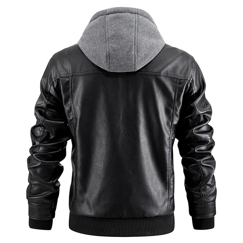 Abrigo de invierno masculino con efecto de cuero y capucha