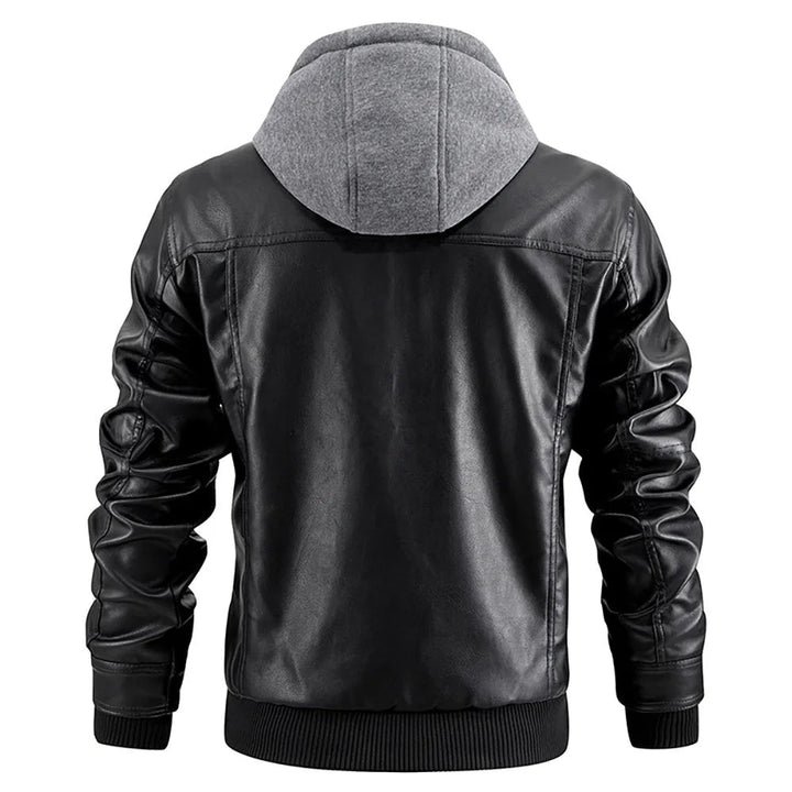 Abrigo de invierno masculino con efecto de cuero y capucha