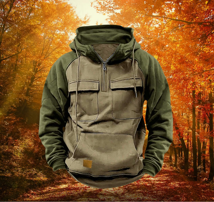 Felpa con cappuccio tattica bicolore da uomo con mezza cerniera e tasche funzionali