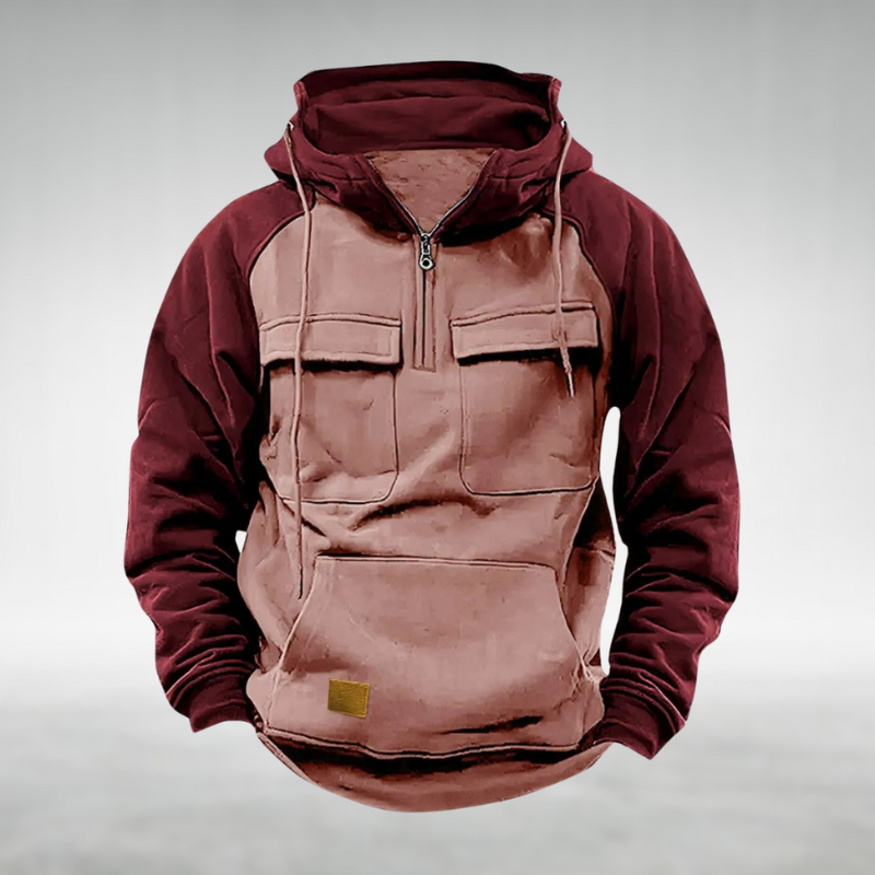 Felpa con cappuccio tattica bicolore da uomo con mezza cerniera e tasche funzionali