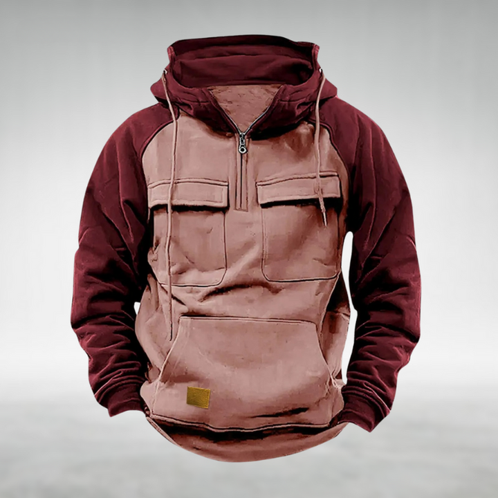 Felpa con cappuccio tattica bicolore da uomo con mezza cerniera e tasche funzionali