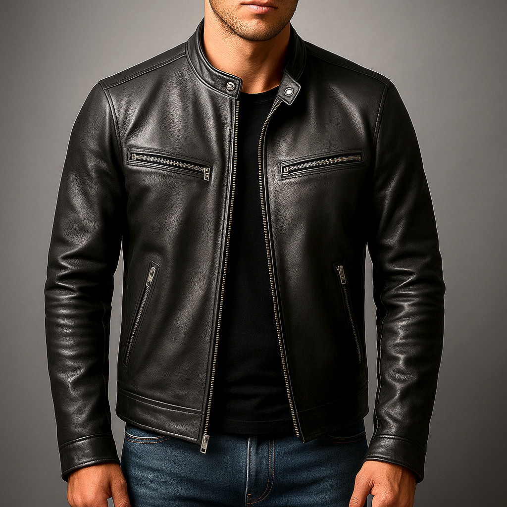 Chaqueta clásica de piel sintética con cremallera para hombre