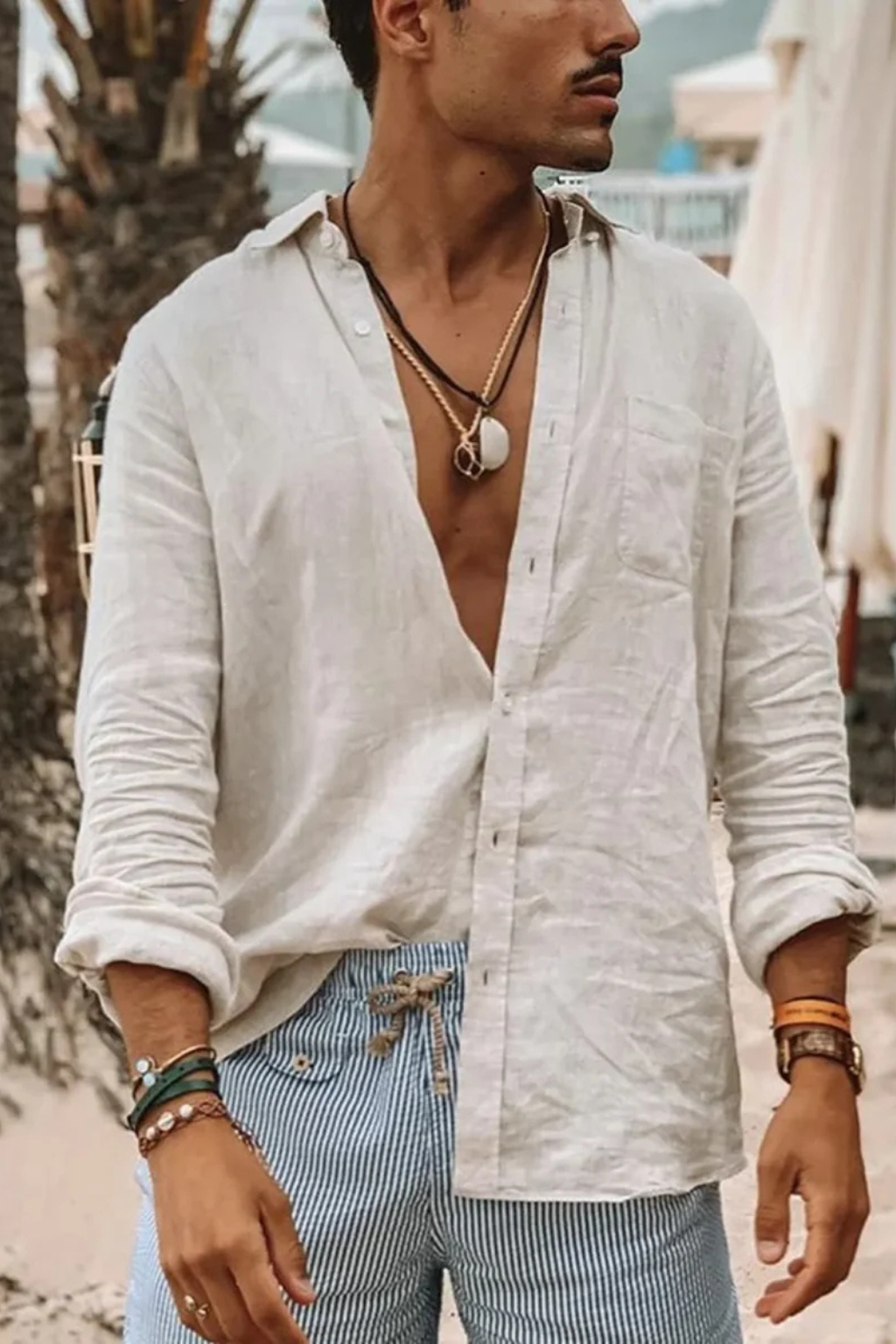 Camisa de lino de manga larga con botones y corte relajado para hombre