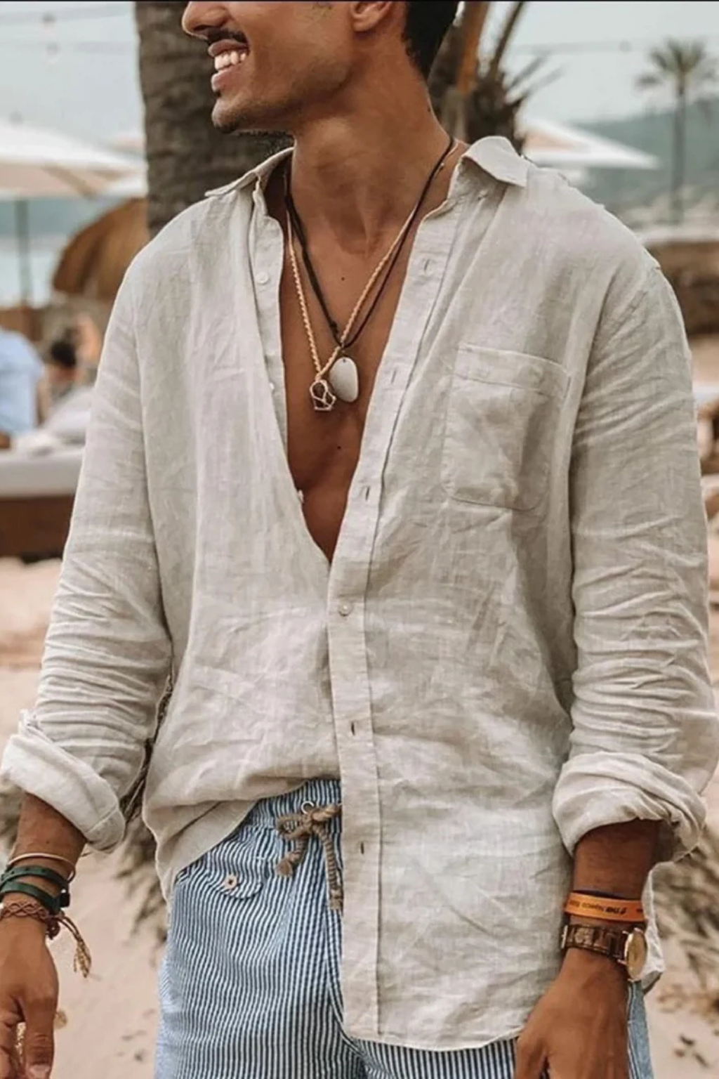 Camisa de lino de manga larga con botones y corte relajado para hombre