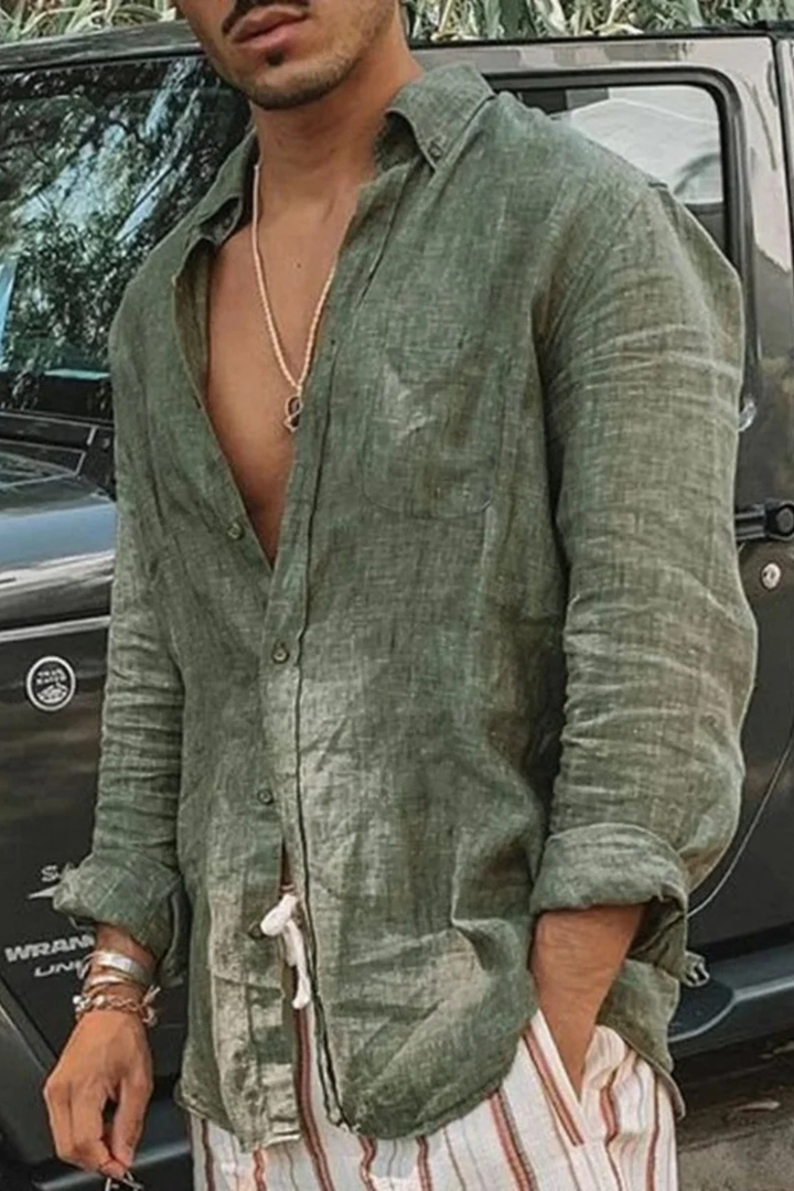 Camisa de lino de manga larga con botones y corte relajado para hombre