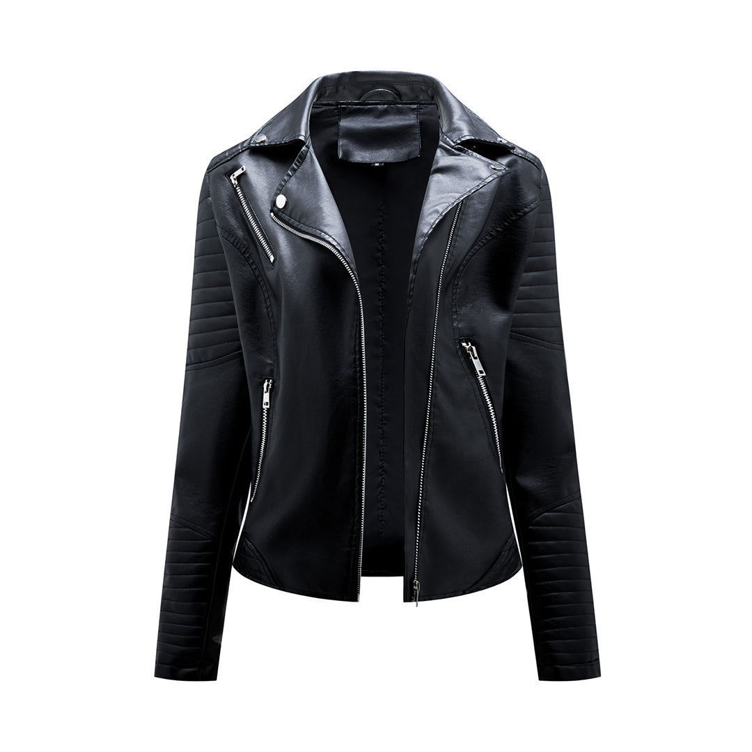 Chaqueta de cuero con solapas para mujer | Corta