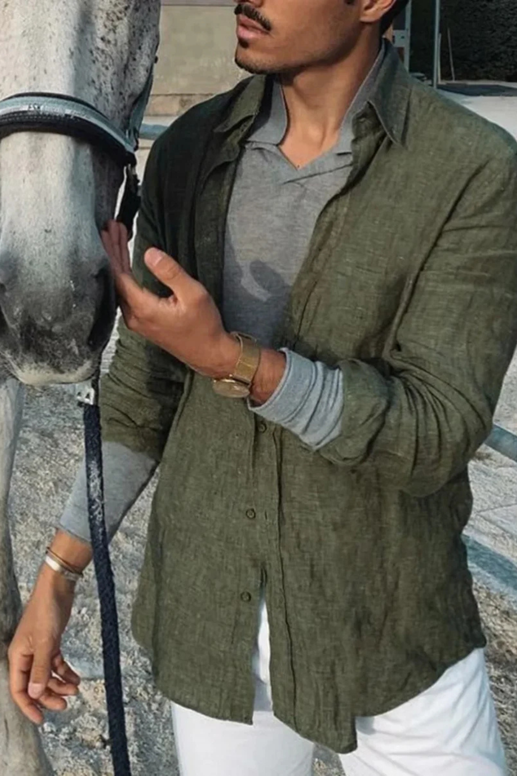 Camisa de lino de manga larga con botones y corte relajado para hombre