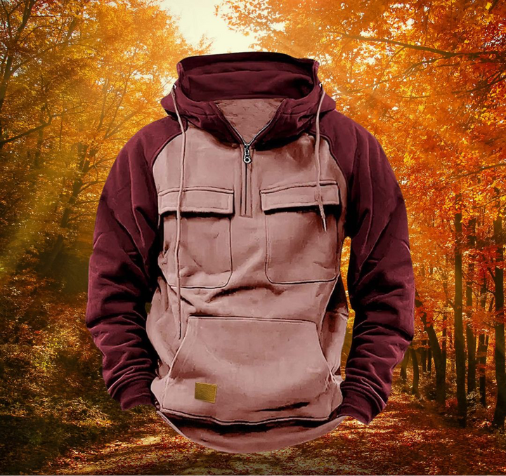 Felpa con cappuccio tattica bicolore da uomo con mezza cerniera e tasche funzionali