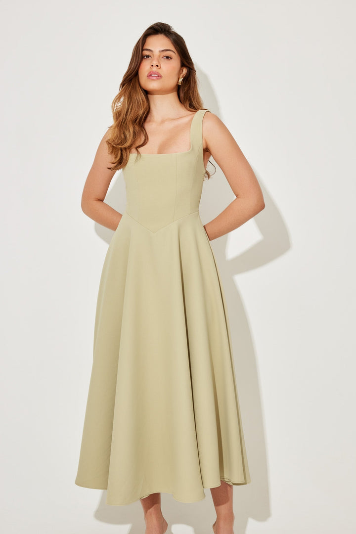 Women's A-Line Corset Midi Dress - Dusty Sage