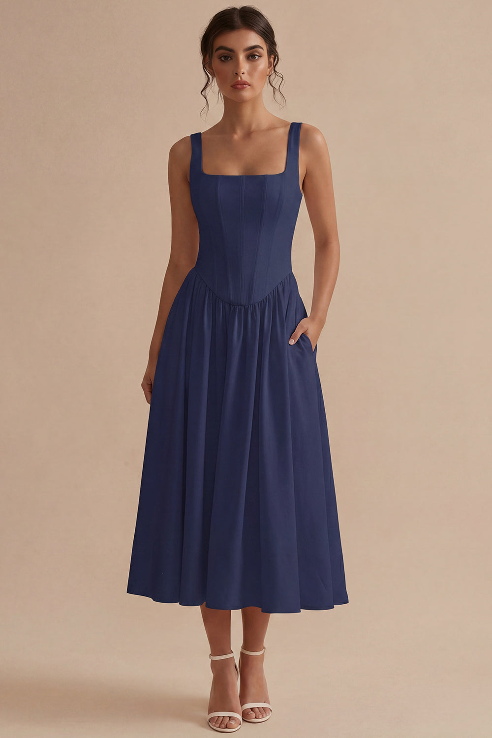 Women's A-Line Midi Dress Square Neck Fitted Bodice