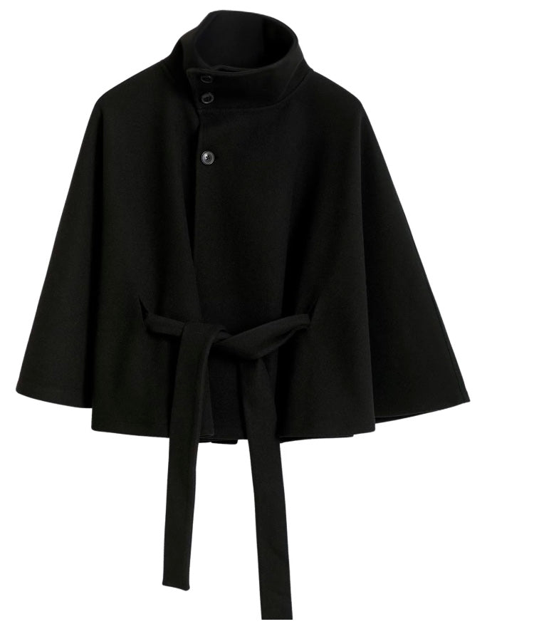 Women's Wool Coat with a High Neck and a Button Front – Black