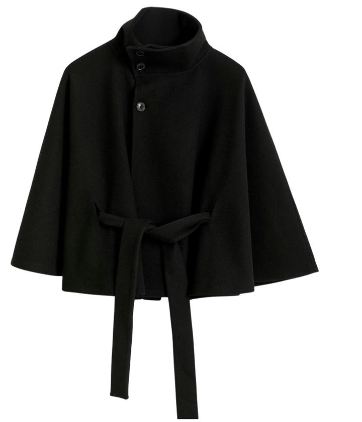 Women's Wool Coat with a High Neck and a Button Front – Black
