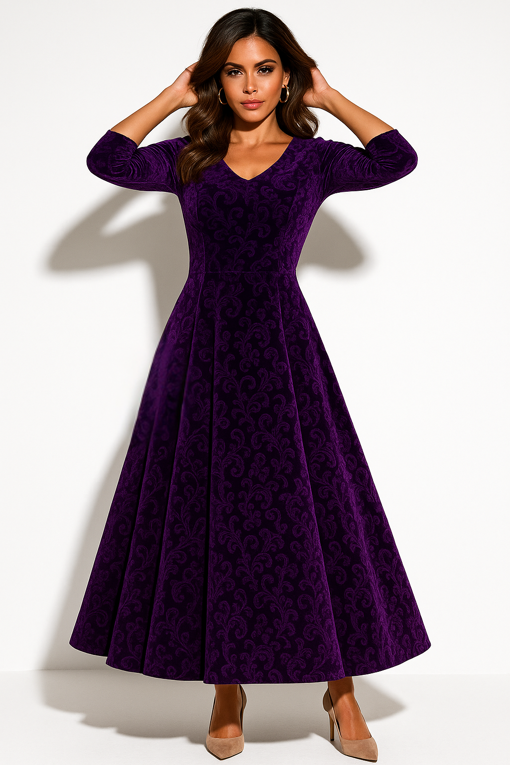 Women’s Velvet Floral Embossed A-Line Midi Dress