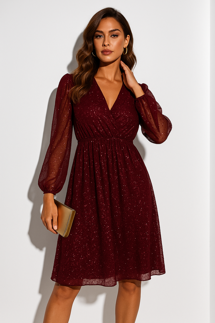 Women’s Elegant Glitter Mini Dress with a V-Neckline