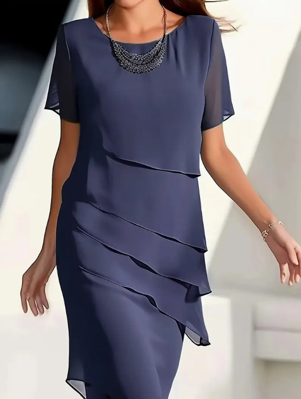 Elegante vestido midi fluido de gasa para mujer - Prenda formal plisada
