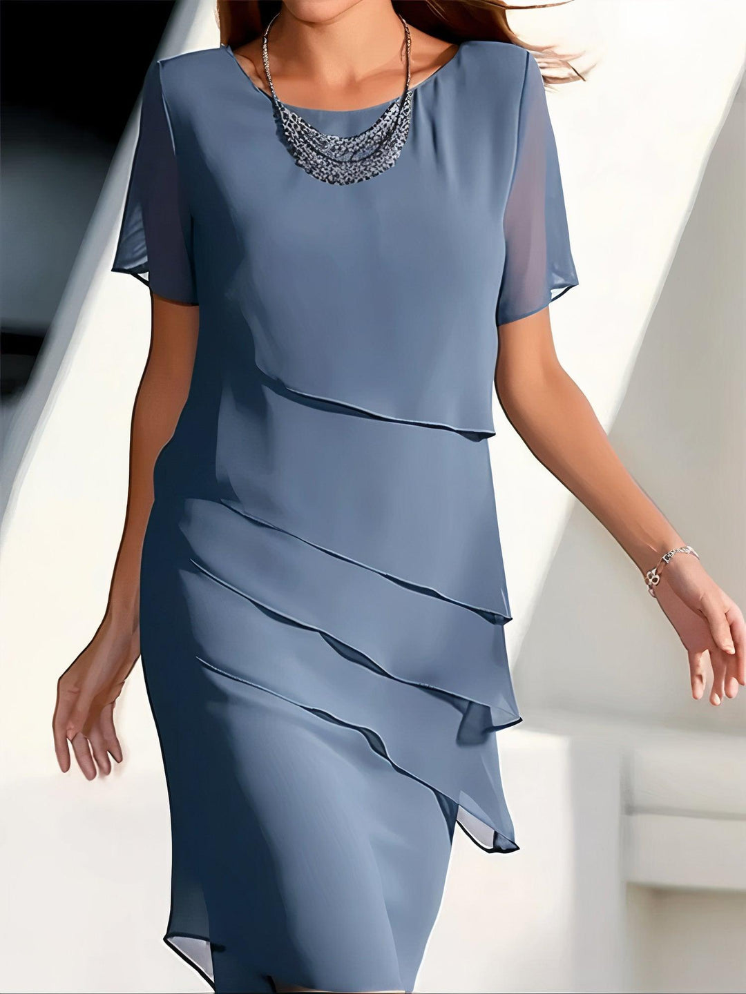 Elegante vestido midi fluido de gasa para mujer - Prenda formal plisada
