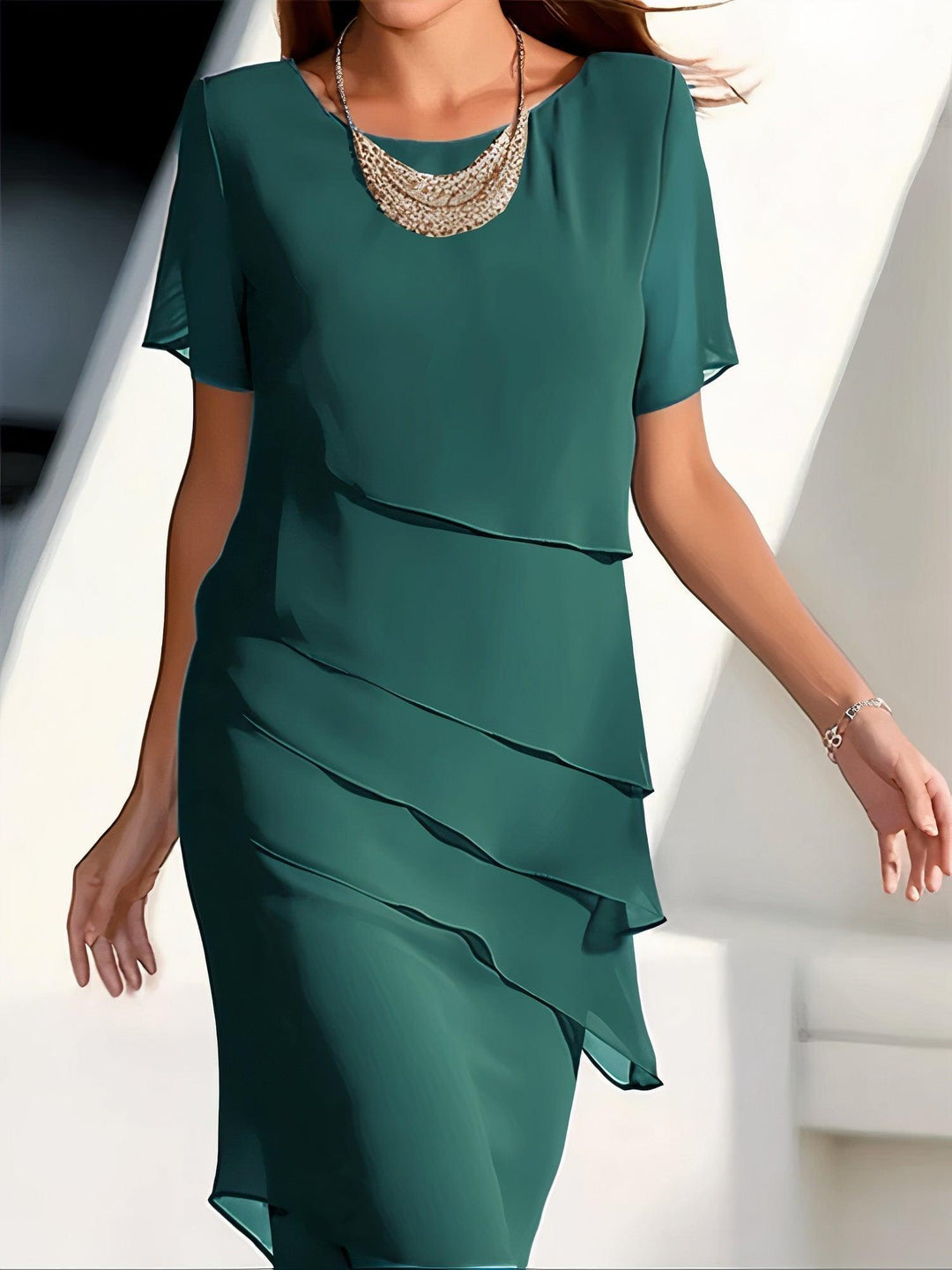 Elegante vestido midi fluido de gasa para mujer - Prenda formal plisada