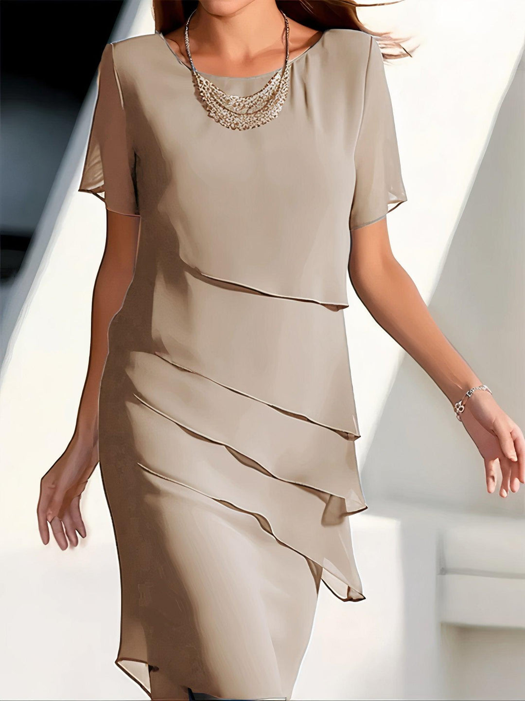 Elegante vestido midi fluido de gasa para mujer - Prenda formal plisada