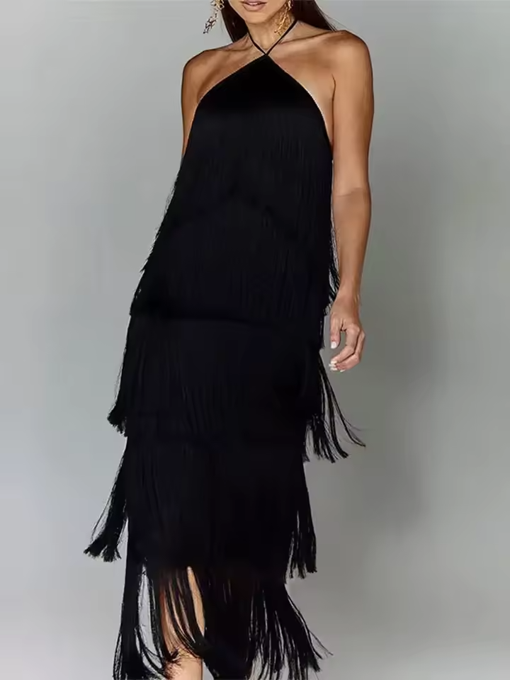 Cassandra - Women's Metallic Tassel Halter Neck Bodycon Dress