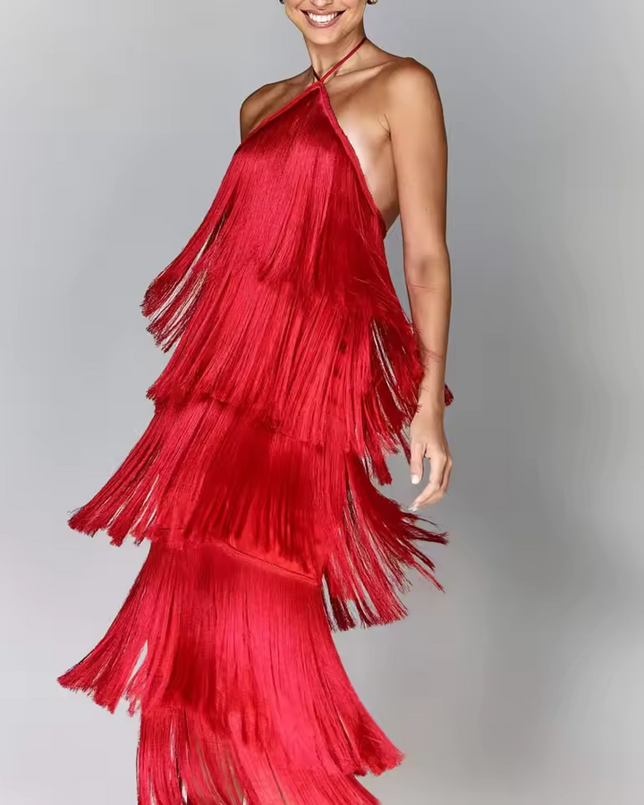 Cassandra - Women's Metallic Tassel Halter Neck Bodycon Dress