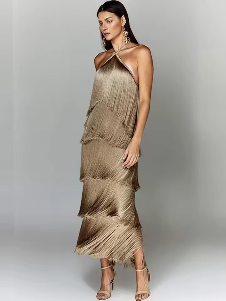 Cassandra - Women's Metallic Tassel Halter Neck Bodycon Dress