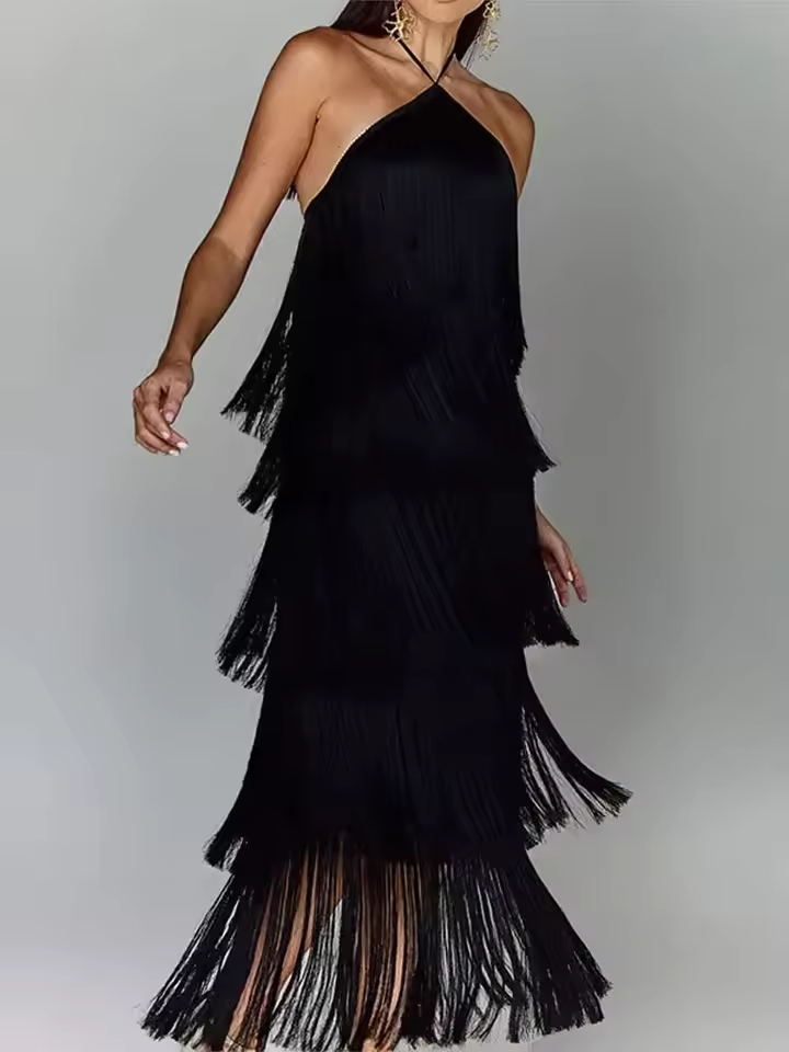 Cassandra - Women's Metallic Tassel Halter Neck Bodycon Dress