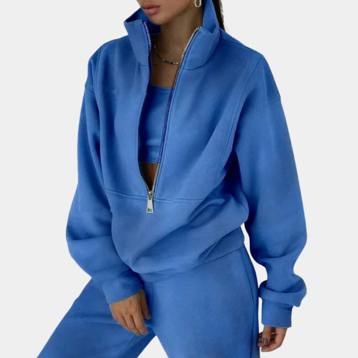 Women's Fleece Long Sleeve Two-Piece Set with Pockets and a Zip – Blue