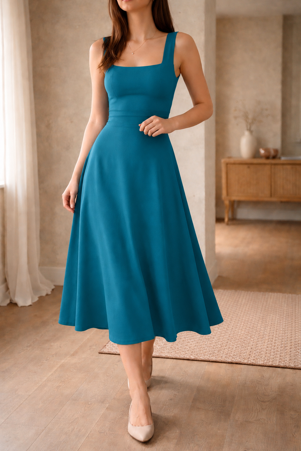 Women's A-Line Midi Dress Wide Straps Fitted Bodice - Teal Blue