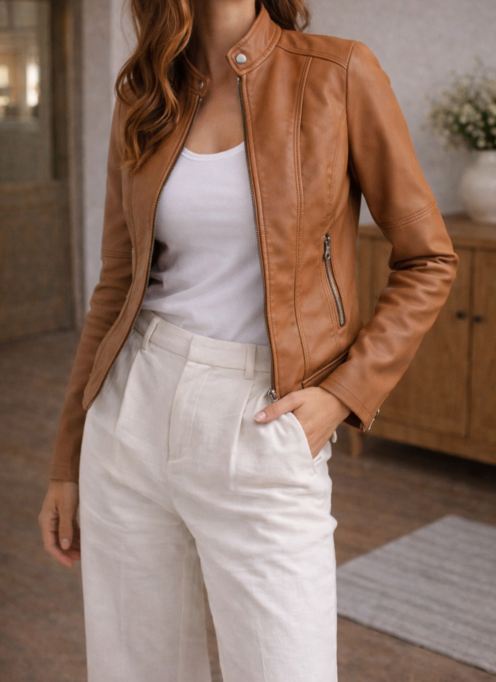 Veste en cuir pour femmes, coupe ajustée et fermeture éclair