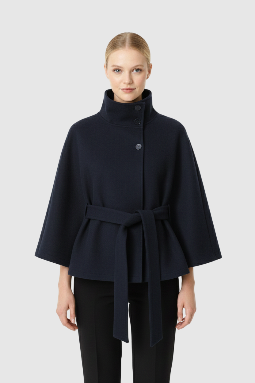 Women's Wool Coat with a High Neck and a Button Front – Blue
