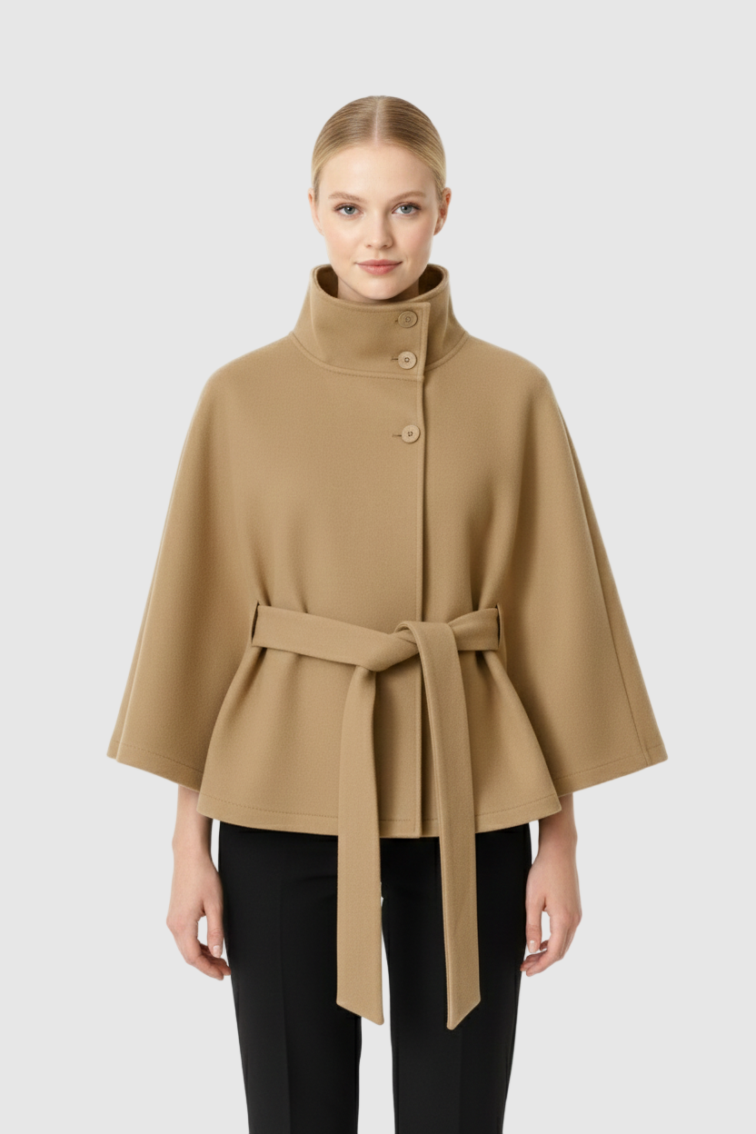 Women's Wool Coat with a High Neck and a Button Front – Brown