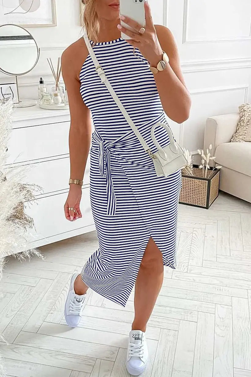 Clarissa - Women's Striped Halter Neck T-Shirt Dress - photo 1