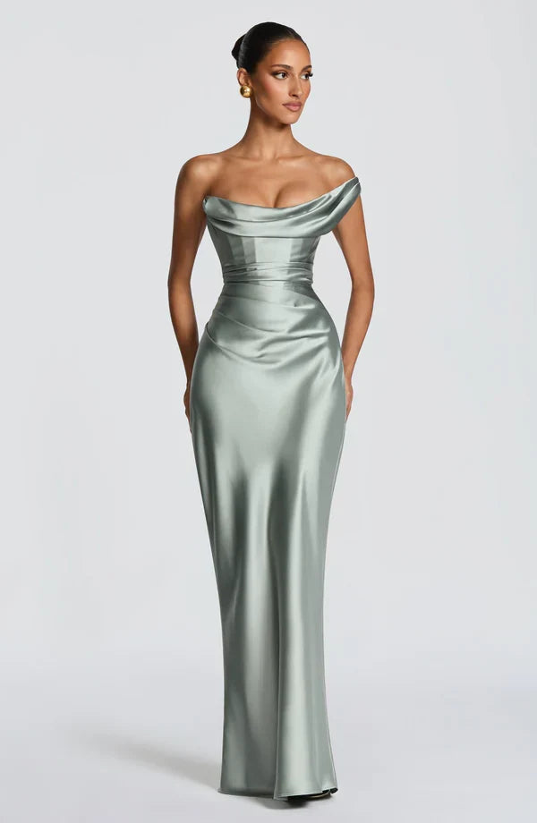 Women's Strapless Draped Maxi Dress with Lace-Up Back